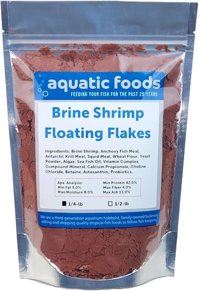 Aquatic Foods Inc. Brine Shrimp Flakes for Freshwater Cichlids, Angels, Tetras, Guppies, Marine Tangs, Butterflies, Angelfish, Anthias, Clown Fish. WL…1/4-lb Foil Pouch Bag