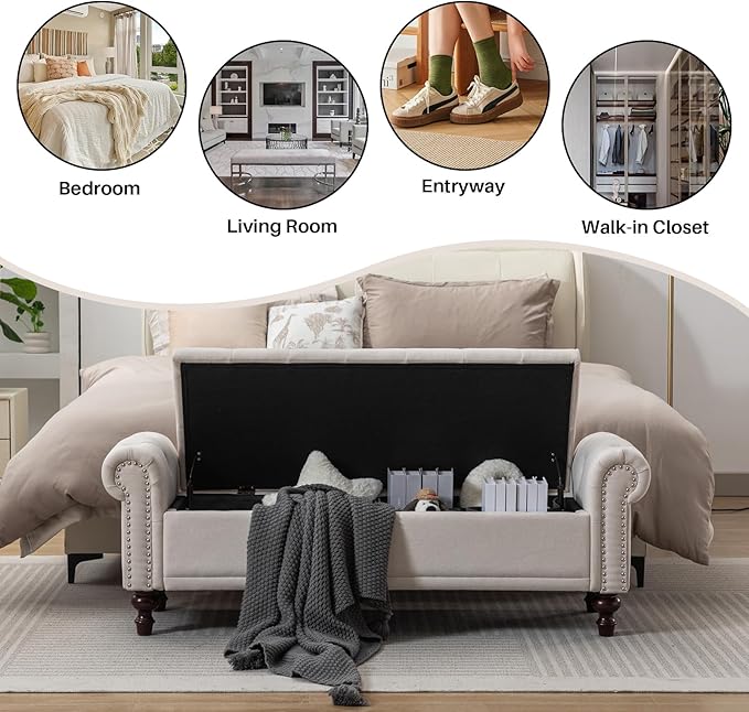 58.1'' Storage Bench Upholstered Linen End of Bedroom Bed Bench Ottoman with Tufted Cushioned Rolled Arm Large Storage Space for Reading Living Room Entryway, Beige