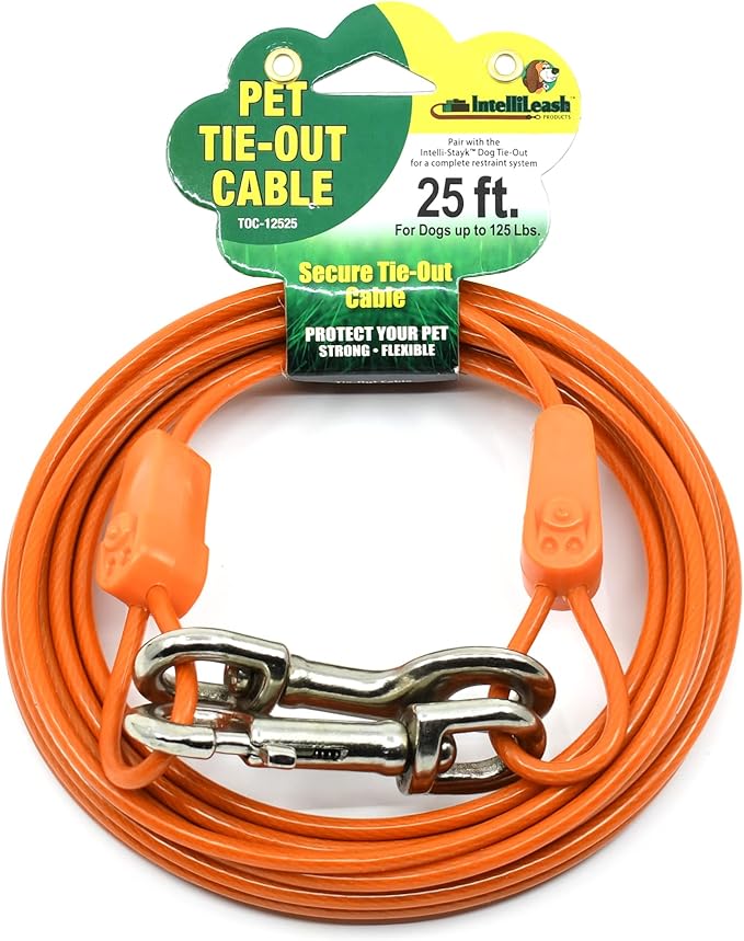 25FT Tie-Out Cables for Dogs - Strong, Safe, and Durable Dog Tie-Outs for Every Breed up to 125 Pounds - Weather and Wear Resistant Galvanized Aircraft Cable for Outside Use