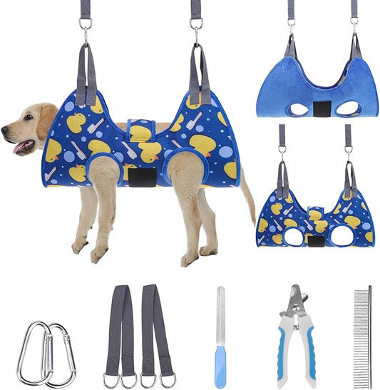 PAWCHIE Dog Grooming Hammock Harness for Dogs & Cats with Pet Nail Clipper Trimmer - Cat Hanger Sling for Trimming Clipping Nails- Dog Hammock Restraint Bag for Small Medium Large Dog, Navy Blue M