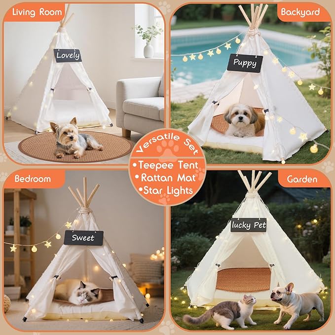 24" Dog& Cat Teepee Tent +28" Pet Cooling Mat +10ft Star String Light [2-Modes],Cotton Thicked Soft Comfort Anti-Slip Cushion (Used/Wash Separately), Indoor or Outdoor Large Pets Tents House