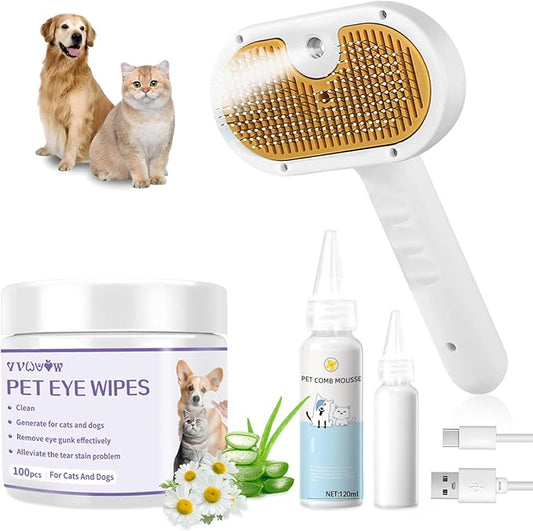 Pet Steam Brush for Dog & Cat–3-in-1 Spray Hair Removal Comb–Steam Brush for Shedding & Grooming–Water Brushes for Long & Short Haired Pets–Spritz Defur Comb–Includes Waterless Shampoo & Eye Wipes