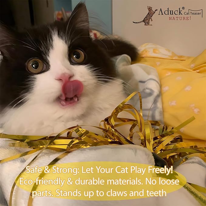 ADUCK Interactive Cat Teaser Wand Toy with Tassels - Durable Cat Chaser for Indoor Kitten Exercise, Boredom Relief & Training Play, Pack of 3 (Gold, Silver, Green)