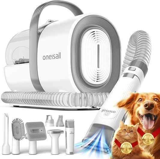 oneisall Dog Grooming Vacuum, Pet Grooming Vacuum with Clipper Nail Grinder, 1.5L Dust Cup Dog deshedding Vacuum Brush with 7 Pet Grooming Tools for Shedding Pet Hair, Home Cleaning