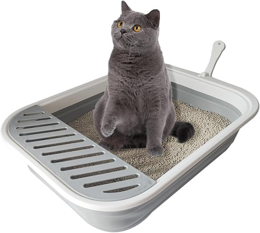 Senior Cat Litter Boxes, Collapsible Open Low Entry Cat Litter Pan with Scoop Travel Kitten Potty Foldable Pet Toilet for Sick Disabled Older Elderly Cats Grey 20.9x15.7x5.7 inch
