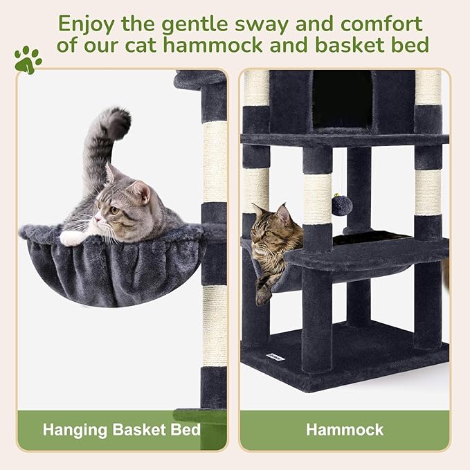 Globlazer Corner Cat Tree Tower for Indoor Cats, 51in Multi-Level Cat Condo Tower with Large Hammock, 7 Sisal Scratching Posts, Oversized Top Perch, Spacious Cat Cave, Hanging Basket, C51, Dark Grey