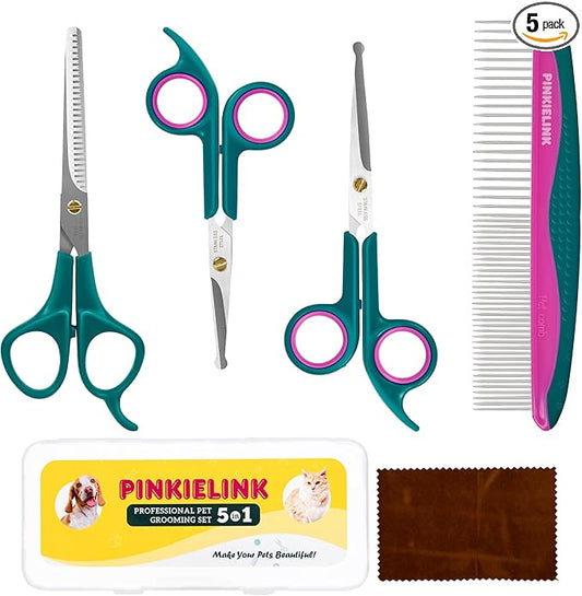 Professional 5 in 1 Pet Grooming Kit - Stainless Steel Dog & Cat Grooming Scissors with Rounded Tip Blades for Safe Fur Trimming, Thinning Shears, Straight Scissors, and Pet Comb (Green 5 in 1)
