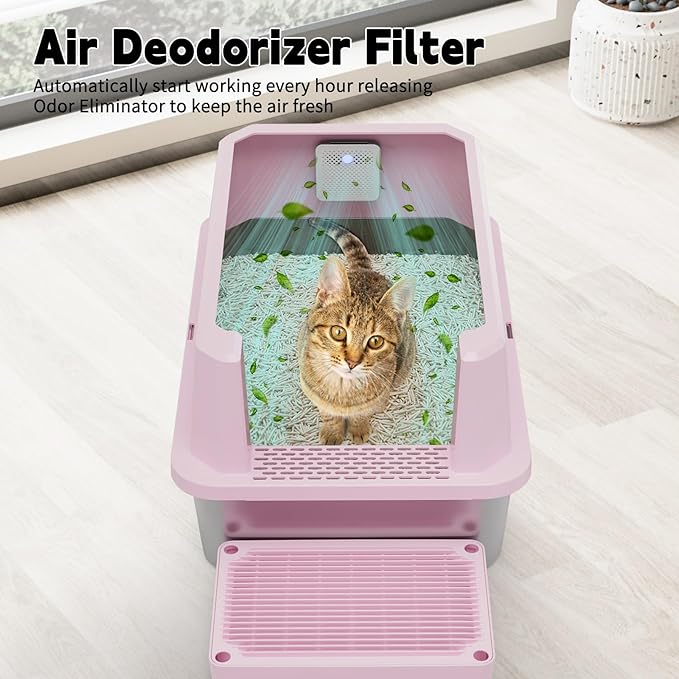 RIZZARI Stainless Steel Cat Litter Box, Semi-Closed Litter Box with High Edges, Large Odorless Litter Pan with for Small to Large Cats (Pink with Deodorizer, 2 Pack)