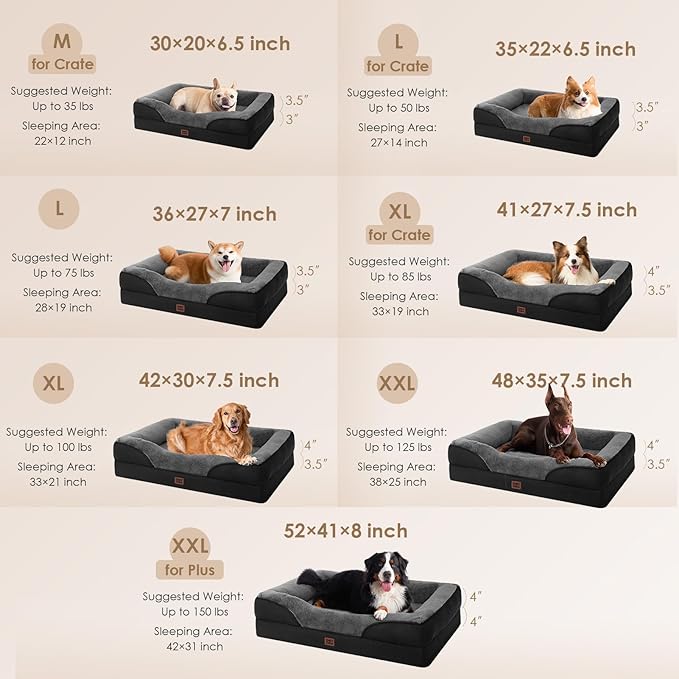 EHEYCIGA Memory Foam XL Dog Bed for XLarge Sized, Extra Large Orthopedic Dog Sofa with Sides and Waterproof Liner, Washable Pet Couch with Removable Cover, 48x35x7.5 Inch, Grey/Black