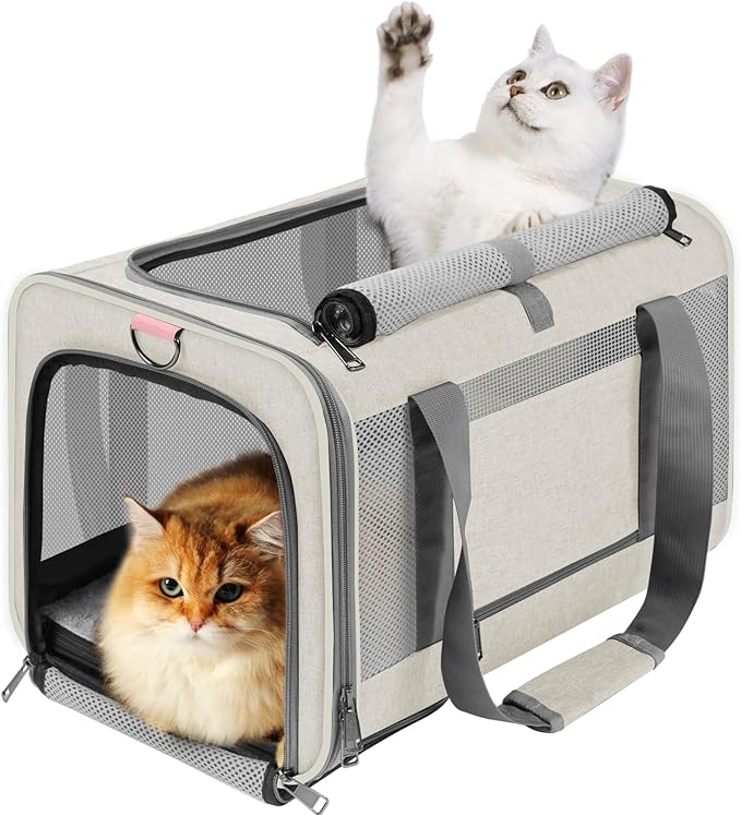 Pet Carrier for Large Cat 20 lbs+ / Soft Sided Small Dog 12 Pounds Travel Crate Top Load/Collapsible Kitty Carry Bag Big Kitten Mesh/Sturdy Animal Transport cage Kennel Long Trips Beige