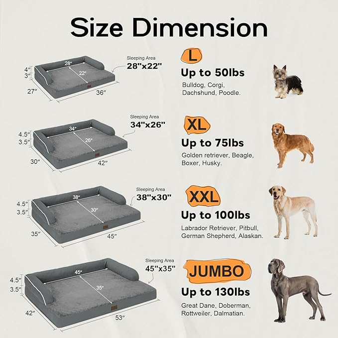 Large Dog Bed Orthopedic Washable - Memory Foam - XXL Large Big Dogs - Beds Bolster Pet - Couch Sofa - Waterproof with Removable Cover - Dark Grey Dog Bed