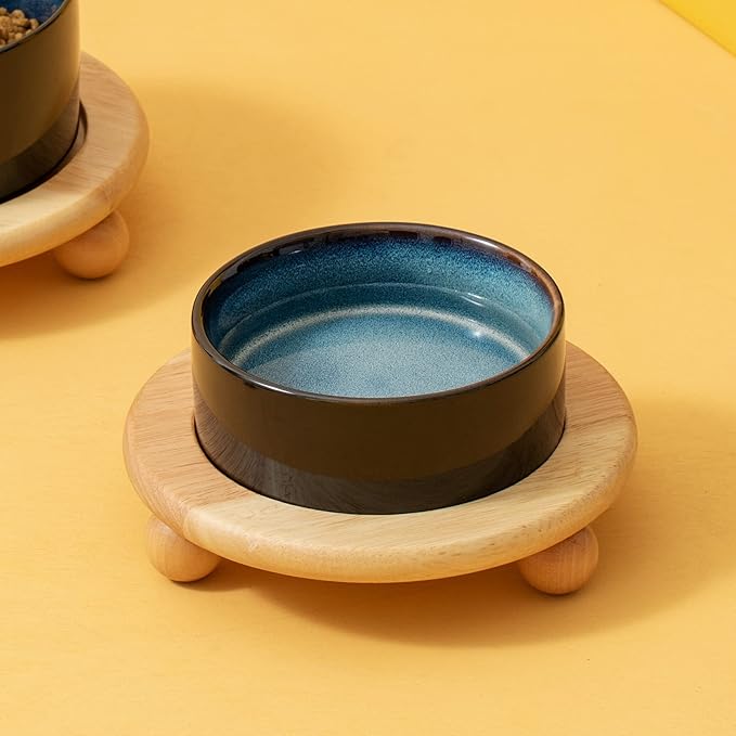 Ceramic Elevated Cat Food and Water Bowl, Kitty Bowl, Raised Cat Dish, Pet Feeder (5.1 in,1 x Starry Sky + Stand)