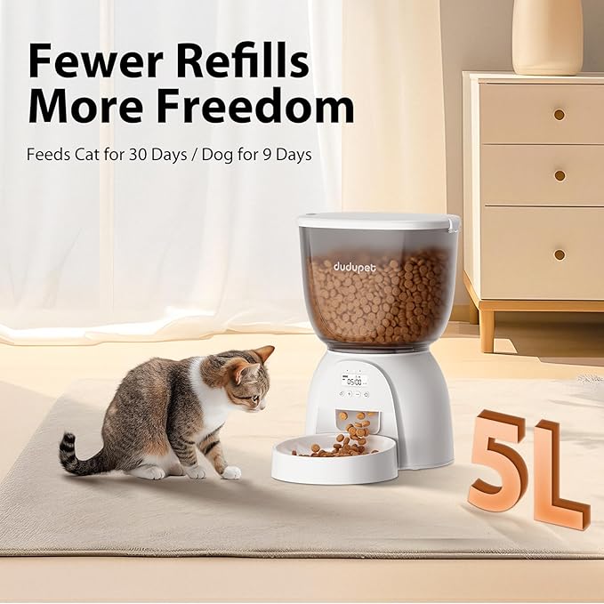 5L Automatic Cat Feeder, Timed Cat Food Dispenser, Automatic Pet Feeders Up to 6 Meal 1-20 Portion, Dual Power Supply Cats Feeder, Pet Dry Food Dispenser for Cats and Small Dogs
