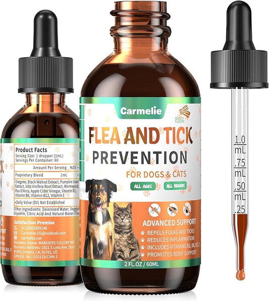 Oral Flea and Tick Support for Dogs and Cats, Natural Dog Flea and Tick Defense, Cat Flea Drops Supplements with Vitamin for Pets - All Breeds and Ages - Bacon