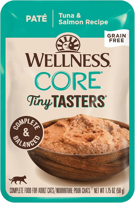 Wellness CORE Tiny Tasters Wet Cat Food, Complete & Balanced Natural Pet Food, Made with Real Meat, 1.75-Ounce Pouch, 12 Pack (Adult Cat, Tuna & Salmon Pate)