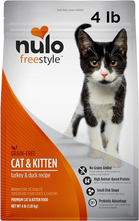 Nulo Freestyle High Protein Cat & Kitten Food, Turkey & Duck Recipe - Natural Grain-Free Dry Cat Food with Omega Fatty Acids & Probiotics, 4 lb Bag