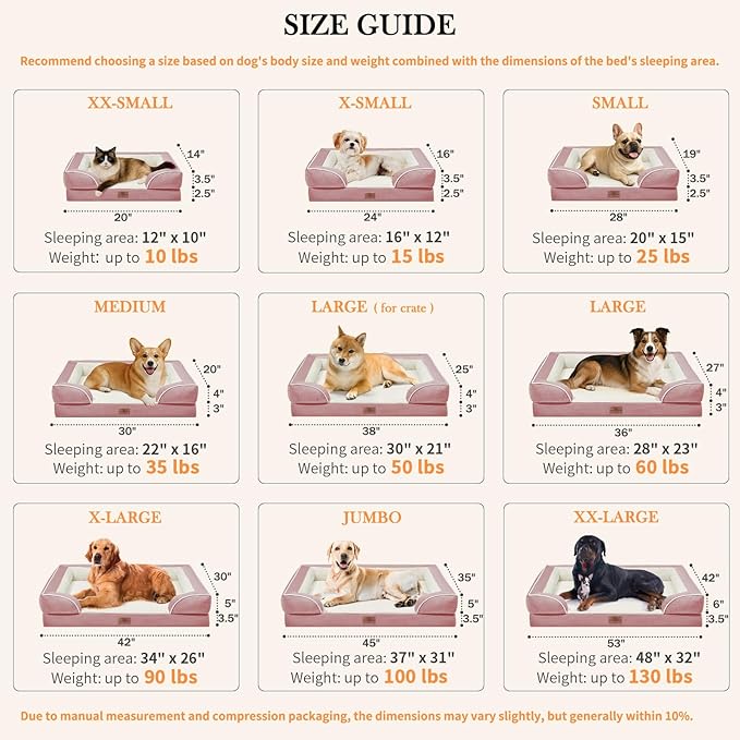 Comfort Expression Small Dog Beds Waterproof Cat Beds Orthopedic Foam Sofa Beds for Small Dogs Comfy Pet Bed with Washable Removable Cover & Non-Slip Bottom(XX-Small,Pink)