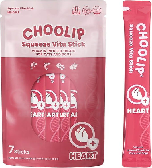 Squeeze Vita Stick Lickable Treats for Dogs & Cats. 7 Heart Support Sticks with Essential multivitamins. Soft and Tasty Paste for All Life Stages, Supporting Heart Health