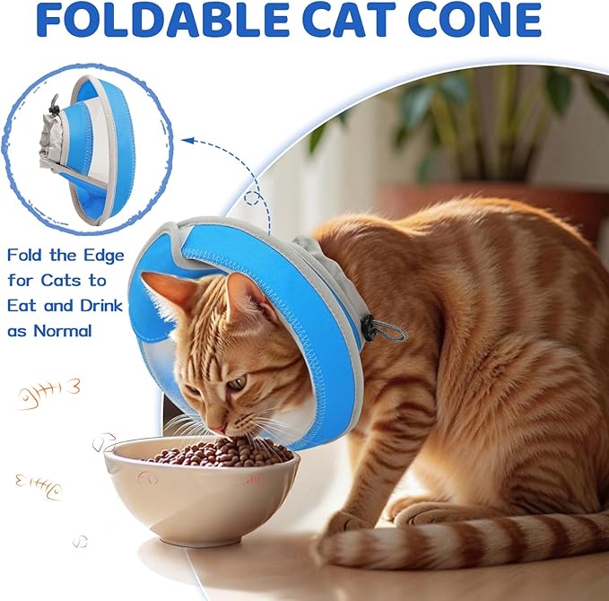 Breathable Air Mesh Cat Cone Collar Soft to Stop Licking, Adjustable, Foldable Lightweight Kitten Cones After Surgery Recovery for Cats & Kittens (Light Blue,M)