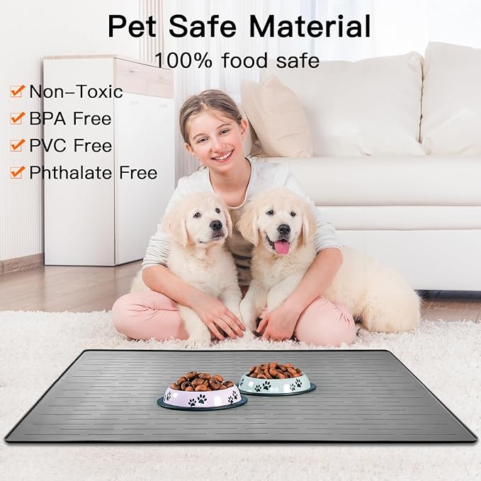 48" x 32" Largest Pet Food Mat, XXXL Silicone Dog Mats for Food and Water, Nonslip Pet Feeding Mats for Floors,Dog Cat Bowl Mat with Raised Edges, Dark Green