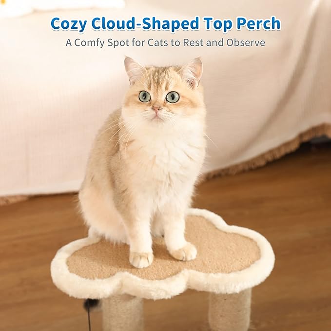 Made4Pets Cat Scratching Post, Cat Self Groomer for Indoor Cats, Cloud Soft Perch for Rest, 17.5" Tall Natural Sisal Scratcher Cat Grooming Interactive Ball Track Toys for Small Cats Kittens