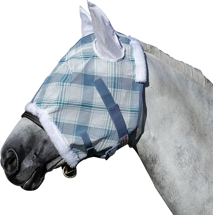 Schneiders Dura-Mesh Plaid Fly Horse Mask with Ears | Ultra-Durable 1000D Mesh | 70% UV Protection | Breathable Open Weave | Color Blue Plaid | Size Cob