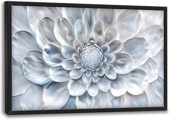 Abstract Flower Large Wall Art White Silver Floral Pictures Wall Decor Neutral Canvas Print Painting Artwork for Bathroom Living Room Bedroom 36L" x 24W"