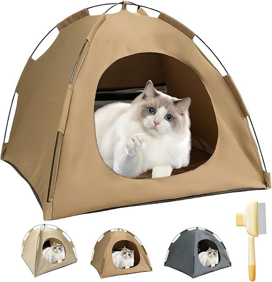 BreezyDen Pop-Up Pet Tent – Portable Hideaway for Cats & Small Dogs, Portable Indoor/Outdoor Pet Tent House with Mesh Window, Waterproof, Breathable, Scratch-Resistant, Fully Washable (Brown,L)