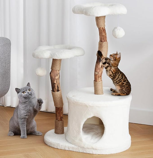 NATURAL EXPRESSIONS Modern Cat Tree and Tower for Indoor, Luxury Solid Wood Condo for Large Cats, Flower Cat Tree with Scratching Post, Cat Climbing Furniture with Cat Hiding Enclosure