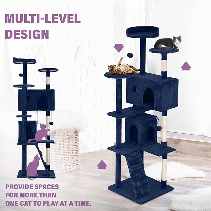 70 Inches Multi-Level Cat Tower for Indoor Cats - XL Tree Climbing Condo With Scratching Posts and Hanging Toys, Navy Blue