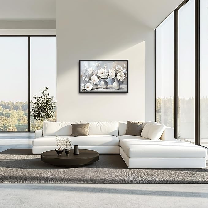 Large Farmhouse Floral Wall Art for Living Room, Framed Oversized White Flower Vase Wall Decor Grey Floral Canvas Painting Pictures Modern Artwork for Bathroom Bedroom Office Dining Room 36"x24"