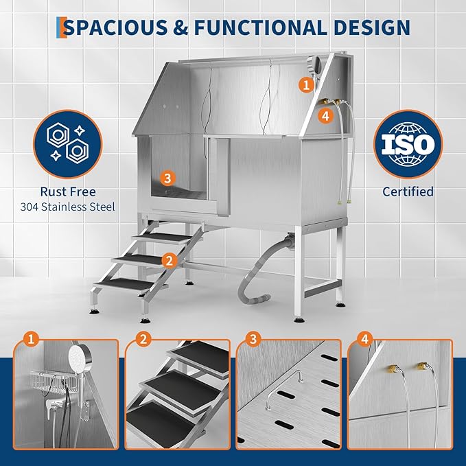 50" Stainless Steel Professional Dog Washing Station - Pet Bathing Tub w/Non-Slip Stairs | Slip-Resistant Floor Grate | for Large/Medium/Small Dogs