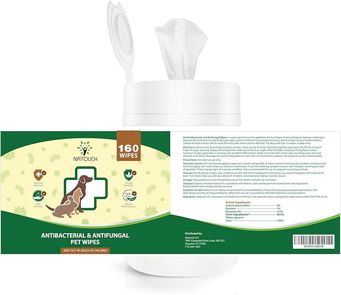 Antifungal and Antibacterial Wipes for Dogs & Cats, Dog Yeast Infection Treatment Wipes, All Natural Grooming Wipes for Cleaning, Help with Hot Spots, Ringworm, and Skin Infections, 160 Count