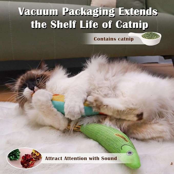 Cat Toys 4 Pack, Fish Shaped Catnip Toys with Crinkle Sound, Durable Interactive Chew & Kicker Toys for Indoor Cats, 8.1 Inch for All Breeds