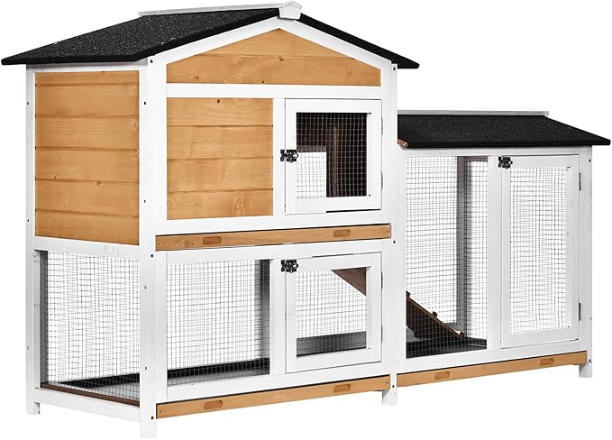 PawHut 62" Rabbit Hutch, Wooden Bunny Hutch, Guinea Pig Cage, Small Animal Enclosure with Run Area, Removable Tray, Asphalt Roof, Lockable Doors and Ramp, Nature Wood