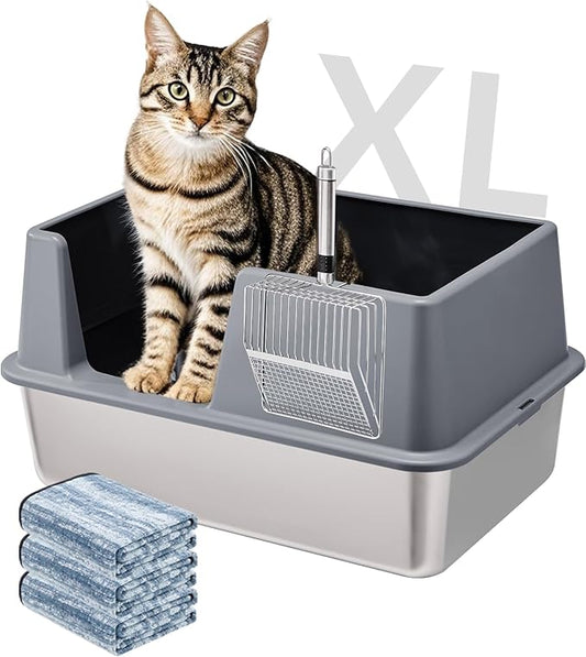 Stainless Steel Litter Box with Lid, 23.5" L x 15.8" W x 12.6" H, XL Metal Cat Box for Big Cats, High Sided Kitty Litter Box with Scoop & Pee Pads, Non-Sticky, Anti-Leakage, Easy to Clean (Gray)