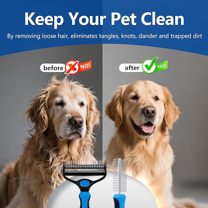 2-in-1 Shedding Brush and Detangling Comb Combo,Stripping Brush for Medium and Large Dogs, Dog and Cat Grooming Comb, 22 Stainless Steel Teeth Remove Tangled Hair, Pet Grooming Tools-large