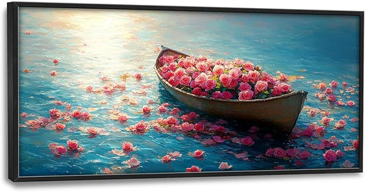Large Lake Floral Landscape Wall Art for Living Room, Nature Boat Flower Canvas Oversized Wall Decor, Rose Scenery Framed Pictures Painting Print Artwork for Bedroom Office 60L" x 30W"