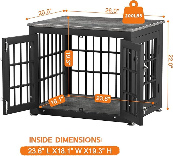 26 Inch Heavy Duty Dog Crate Furniture for Small Dogs, Decorative Pet House End Table, Wooden Cage Kennel Furniture Indoor, Gray