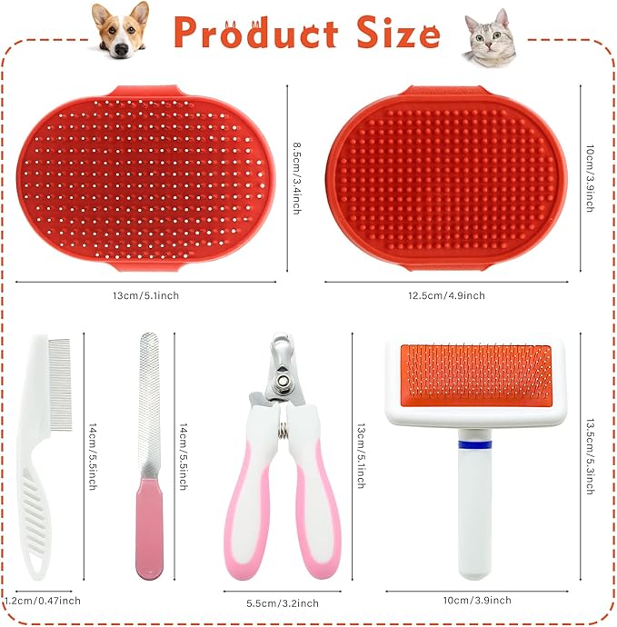 Cat Grooming Kit Set with Pet Shedding Slicker Brush Nail Clipper Trimmer Pet Massage Bath Glove Flea Comb for Bunny Puppy Kitten Guinea Pig Chinchilla Ferret Small Animals (Red, Pink)