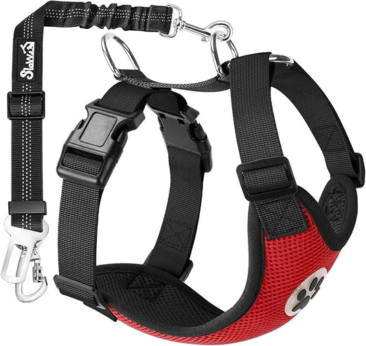 SlowTon Dog Seat Belt Harness for Car, Dog Car Harness Adjustable Mesh Breathable & Dog Seatbelt Safety Tether with Elastic Bungee for Small Medium Large Pets(Red, Double Clip, S)