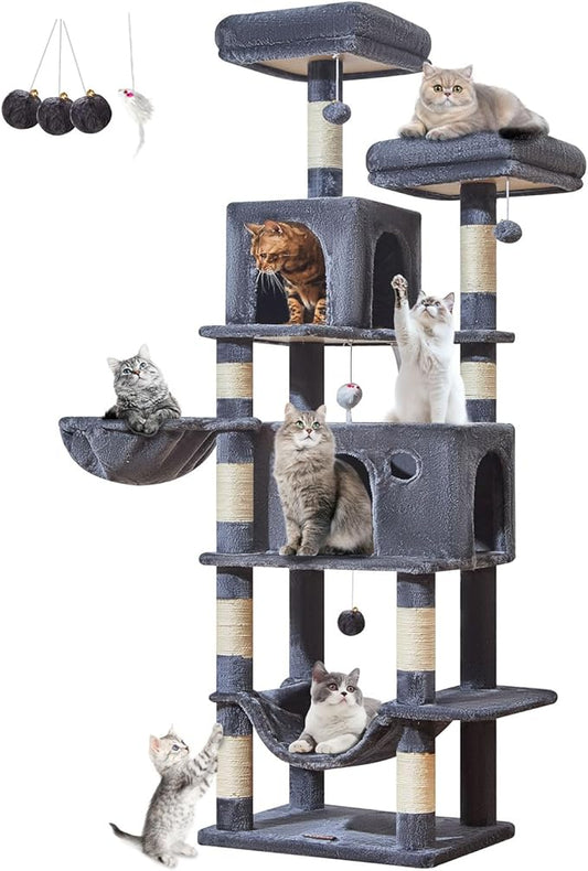 Taoqimiao Large Cat Tree，73-Inch Cat Tree Tower with 9 Scratching Posts for Indoor Cats, 2 Large Cat Condo with Hammock, Hanging Basket, 2 Extended Platform, Smoky Gray MS013XLG