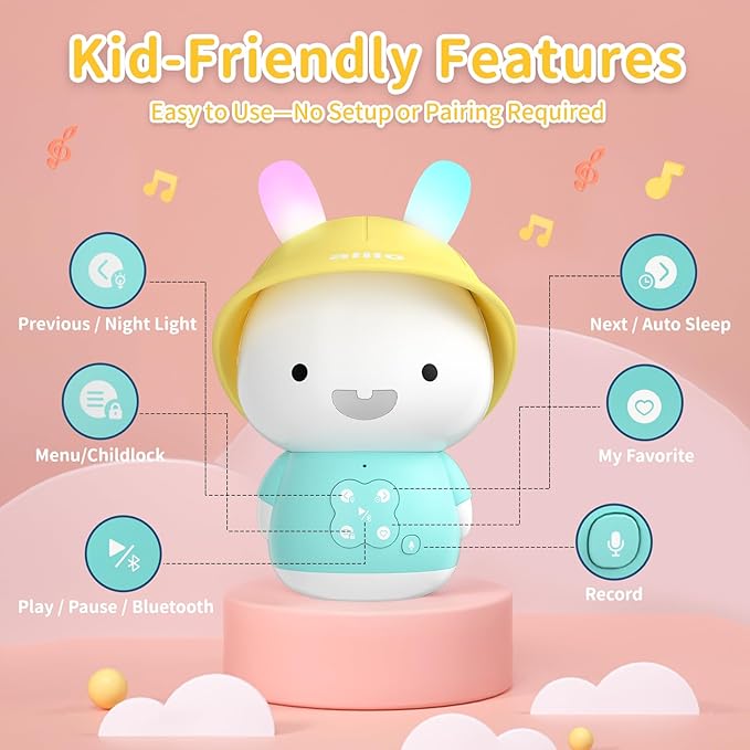 alilo Bunny Kids Music Player, Storytelling Toys for Toddler 1-3-5,Infant Baby Boy Girl Gifts Pre-Loaded 30 Stories/48 Nursery Rhymes/12 Soothing Music,with Nightlight,Bluetooth,Record Function