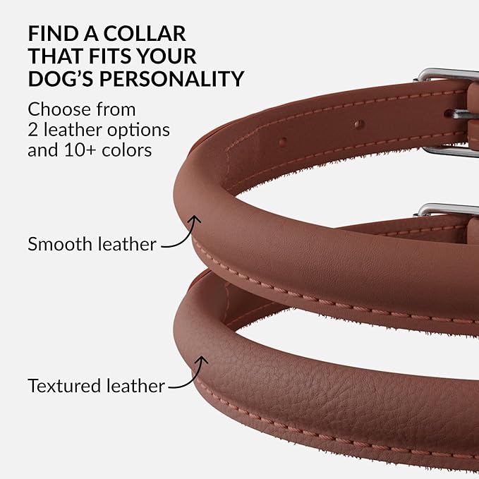 CollarDirect Rolled Leather Dog Collar, Soft Padded Round Puppy Collar, Handmade Genuine Leather Collar Dog Small Large Cat Collars 13 Colors (18-22 Inch, Cinnamon Smooth)
