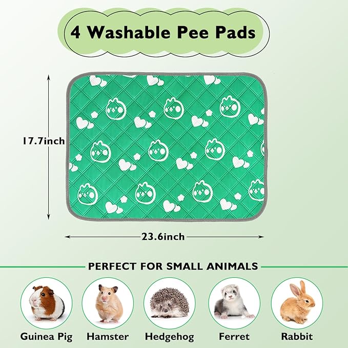 4 Pack Guinea Pig Bedding - Washable Guinea Pig Cage Liners, Waterproof Reusable & Anti Slip Pee Pads Super Absorbent Mats for Small Animals Pet Rabbit Bunny Hamster Rat (Green, 24 x 18 Inch)