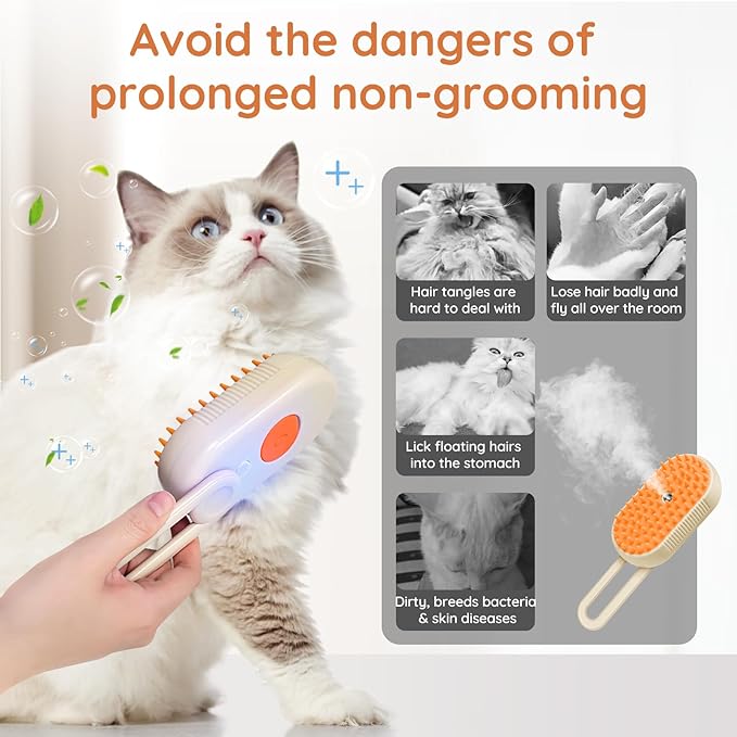 GKZ Cat Steam Brush, 3 in 1 Pet Comb for Massage, Cleaning, Shedding and Combing, Electric Mist to Prevent Flyaways for Home, Dogs and Cat Lovers - Khaki