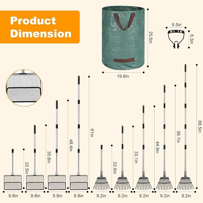 Chicken Poop Scooper Set - Adjustable Coop Scoop with Ergonomic Grip, Rake, Reusable Waste Bag & Gloves - Durable Sand Sifting Litter Shovel for Chicken Coops, Farms, Pet Waste