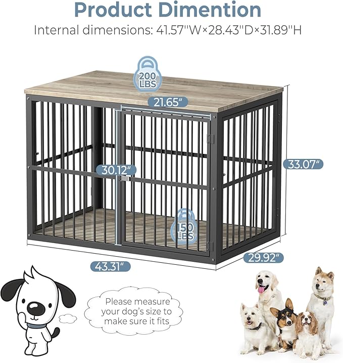 43'' Dog Crate Furniture with 3 Doors, XL Wooden Crate End Table, Heavy Duty Indoor Puppy Cage Kennel for Medium to Large Dogs, Multiple Units Can be Combined