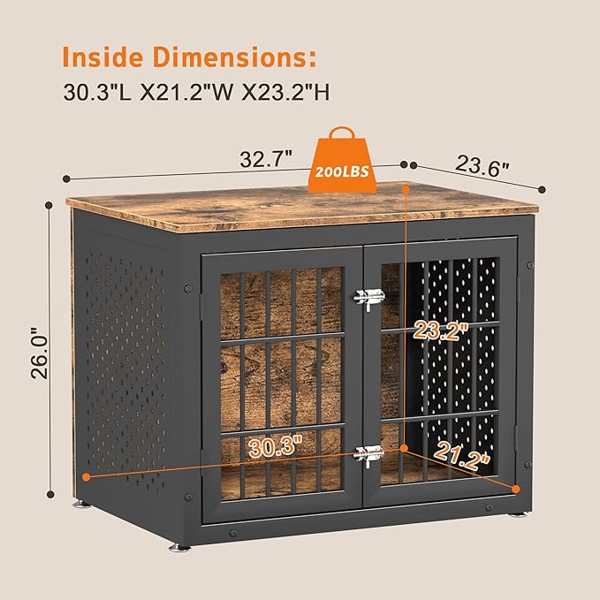 32" Heavy Duty Dog Crate Furniture for Small and Medium Dogs, Metal Kennel for High Anxiety Dogs, Chew Proof Pet Cage Indoor, Decorative Dog Kennel End Table