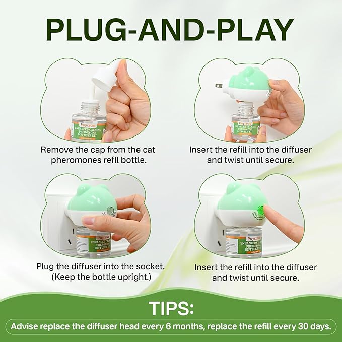 Cat Calming Diffuser with Three Timing Functions, 6-in-1 Cat Pheromones Calming Diffuser Kit, 120-Day Anxiety Relief, Stress Reduction & Relaxation for All Cats (2 Diffusers + 4 Refills)